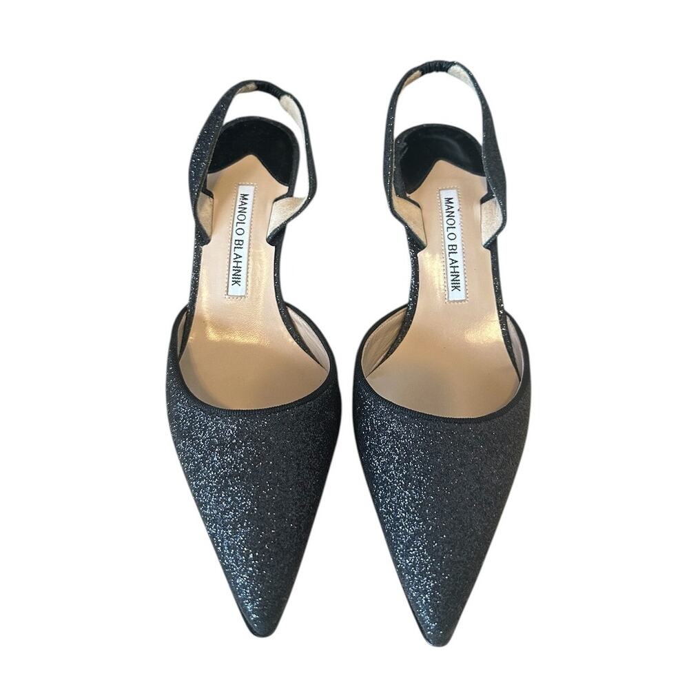 Manolo Blahnik Carolyne 7 Black Glitter Pointed Toe Slingback Pump  EU 38